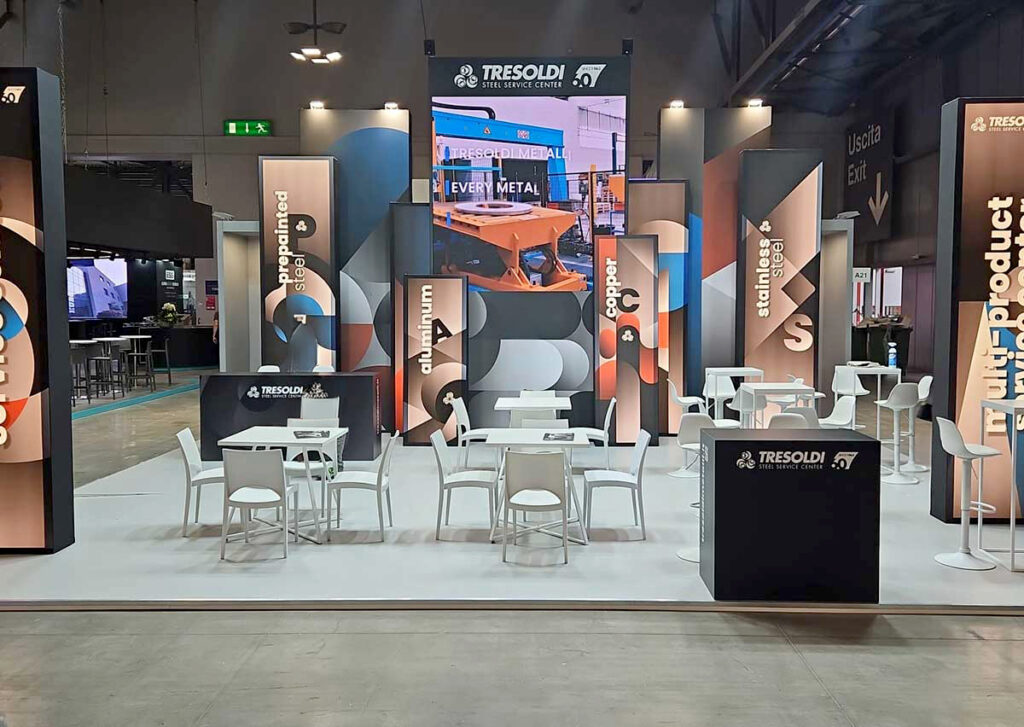 Stand fieristico Tresoldi Metalli progettato da Gruppo Pragma per Made in Steel Milano