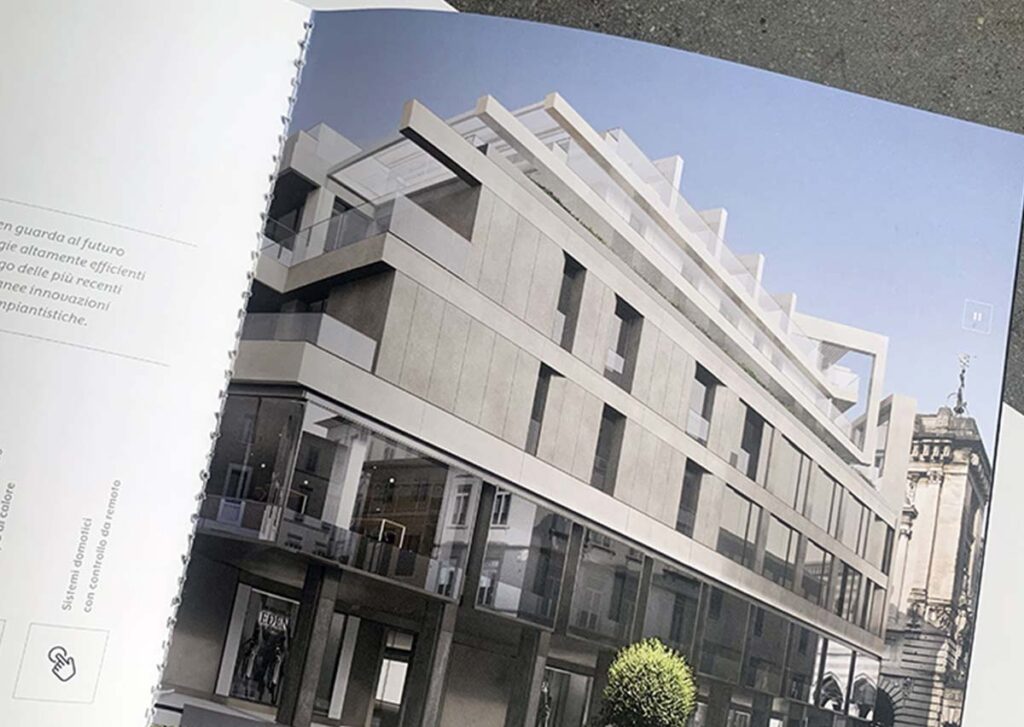 Brochure immobiliare Palazzo Eden Udine con formato quadrato e rendering architettonici