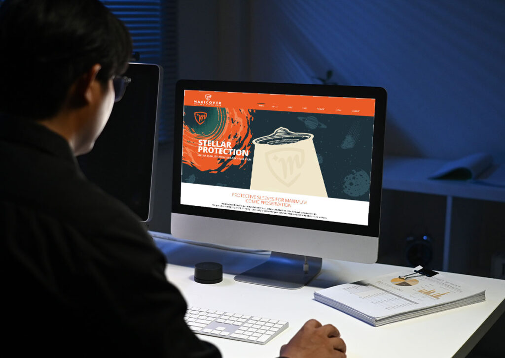 Sito web B2B Magic Cover Svizzera: progetto digitale per buste protettive per fumetti con visual illustrati, plus, formati e catalogo.