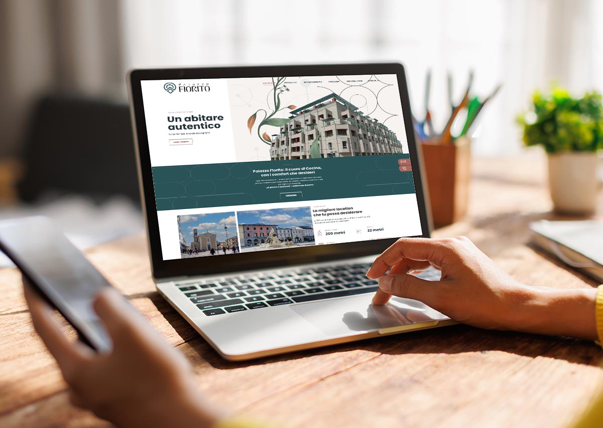 Sito web immobiliare Palazzo Fiorito Cecina: landing per ADS, form schede tecniche, appartamenti, virtual tour e recall commerciale.