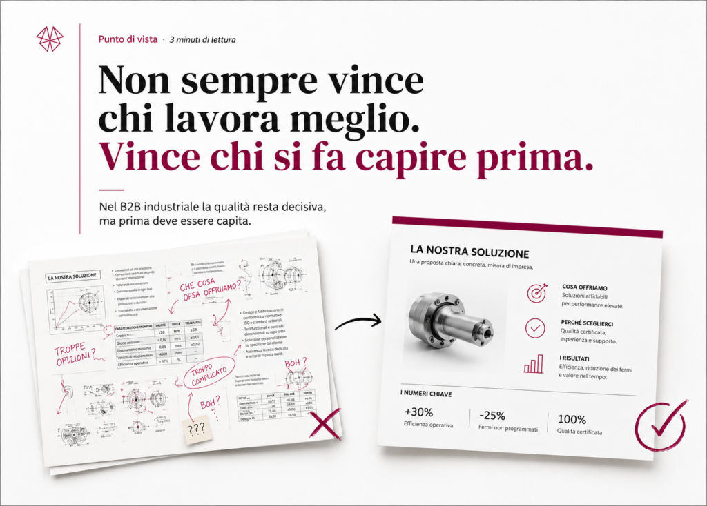 Come comunicare un prodotto tecnico nel B2B: confronto tra una scheda complessa e una presentazione chiara per il buyer