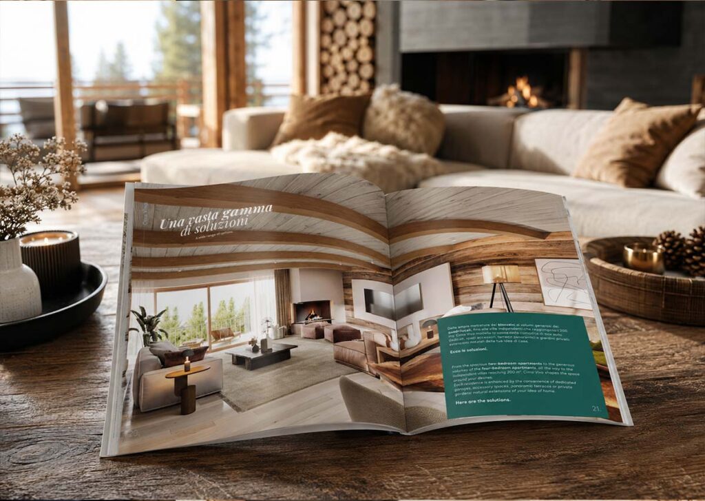 Catalogo immobiliare Cima Viva Ponte di Legno con rendering e planimetrie arredate