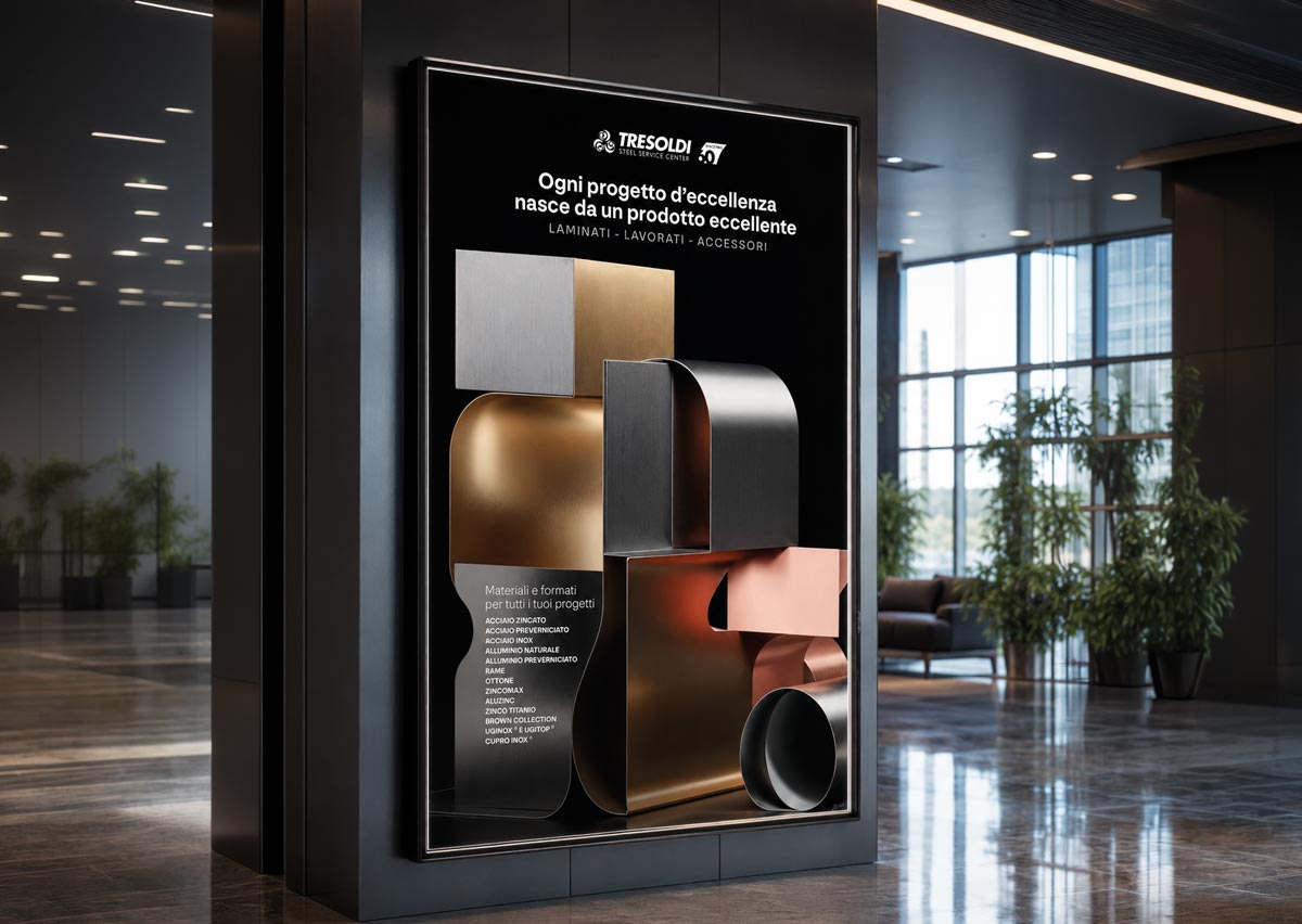 Comunicazione industriale Tresoldi Metalli Padova con ADV stampa per materiali metallici e visual AI