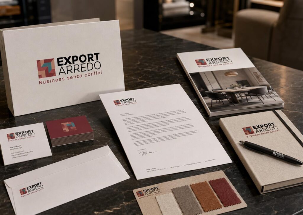 Brand identity aziendale ExportArredo FVG con logo quadrato e frecce per l’export