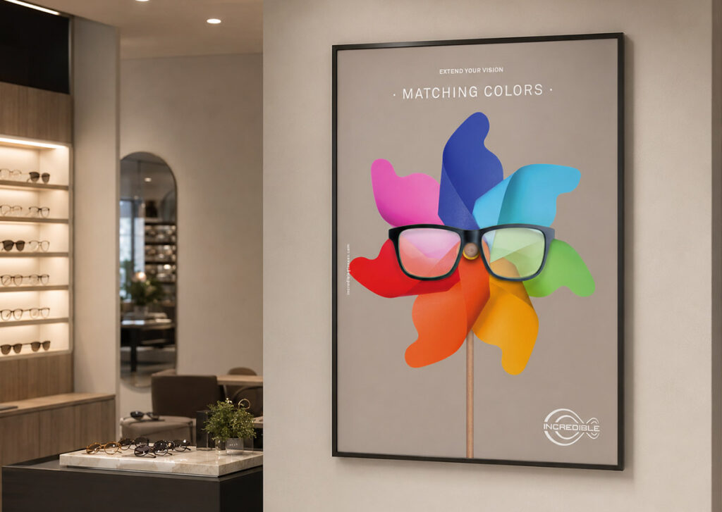 Campagna di comunicazione Incredible Glasses Belluno con visual ADV per occhiali flessibili