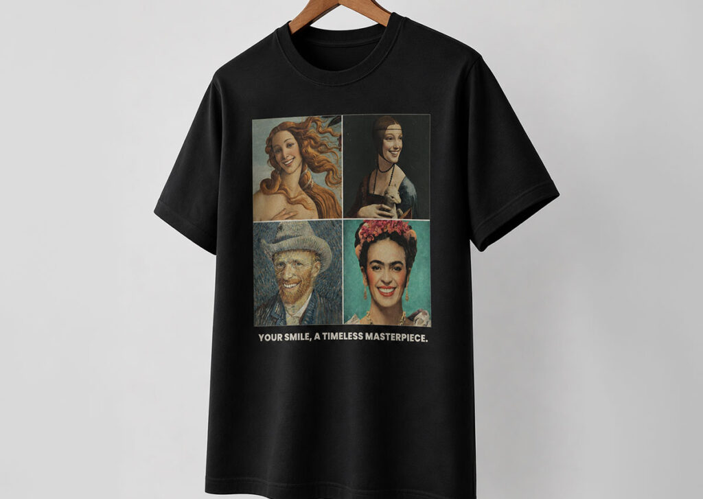 Visual gadget promozionale No Bone Abbazia con t-shirt ispirata ai capolavori dell’arte