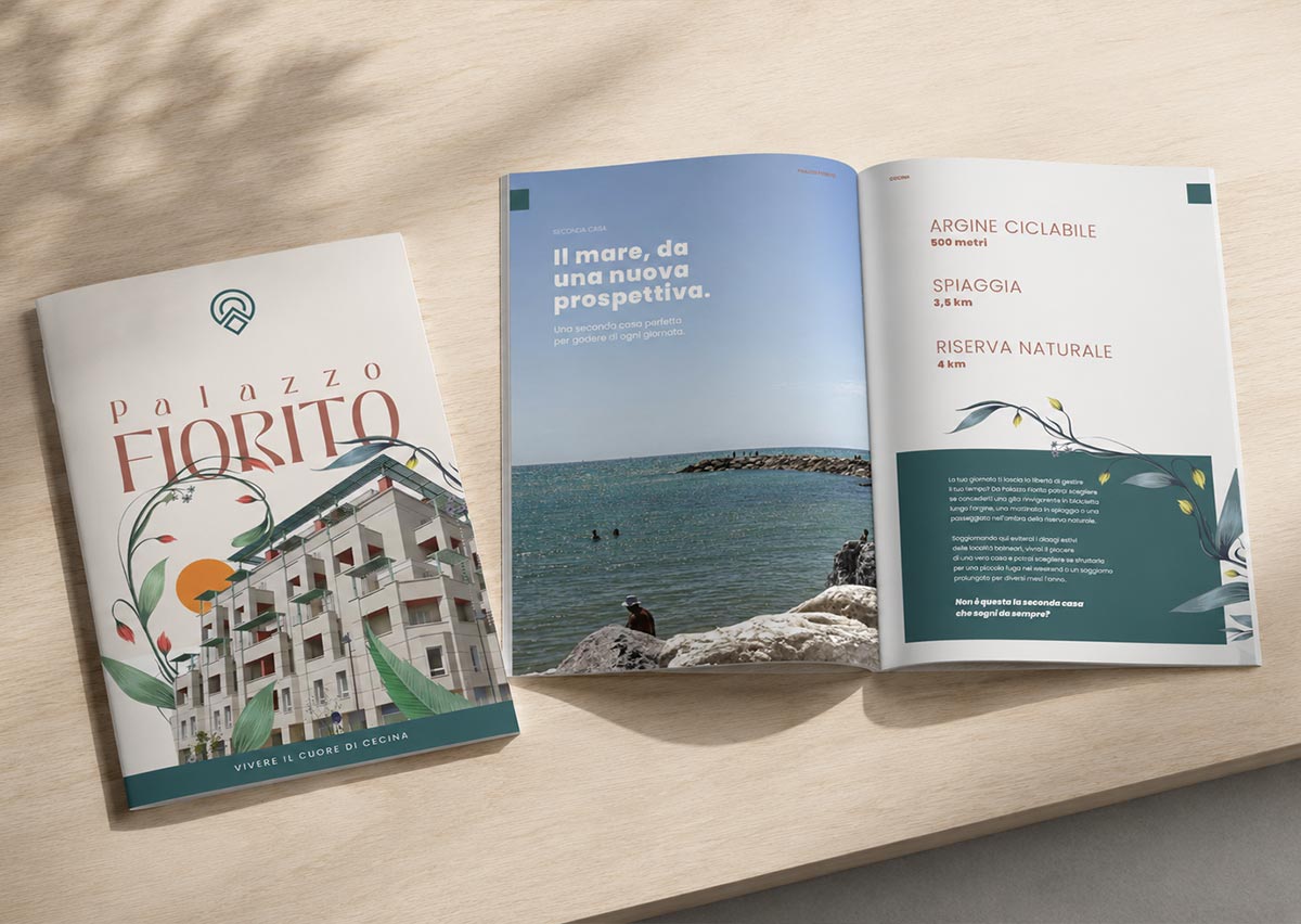 Brochure immobiliare Palazzo Fiorito Cecina: logo, visual floreali, render interni e planimetrie per rilanciare appartamenti rinnovati.