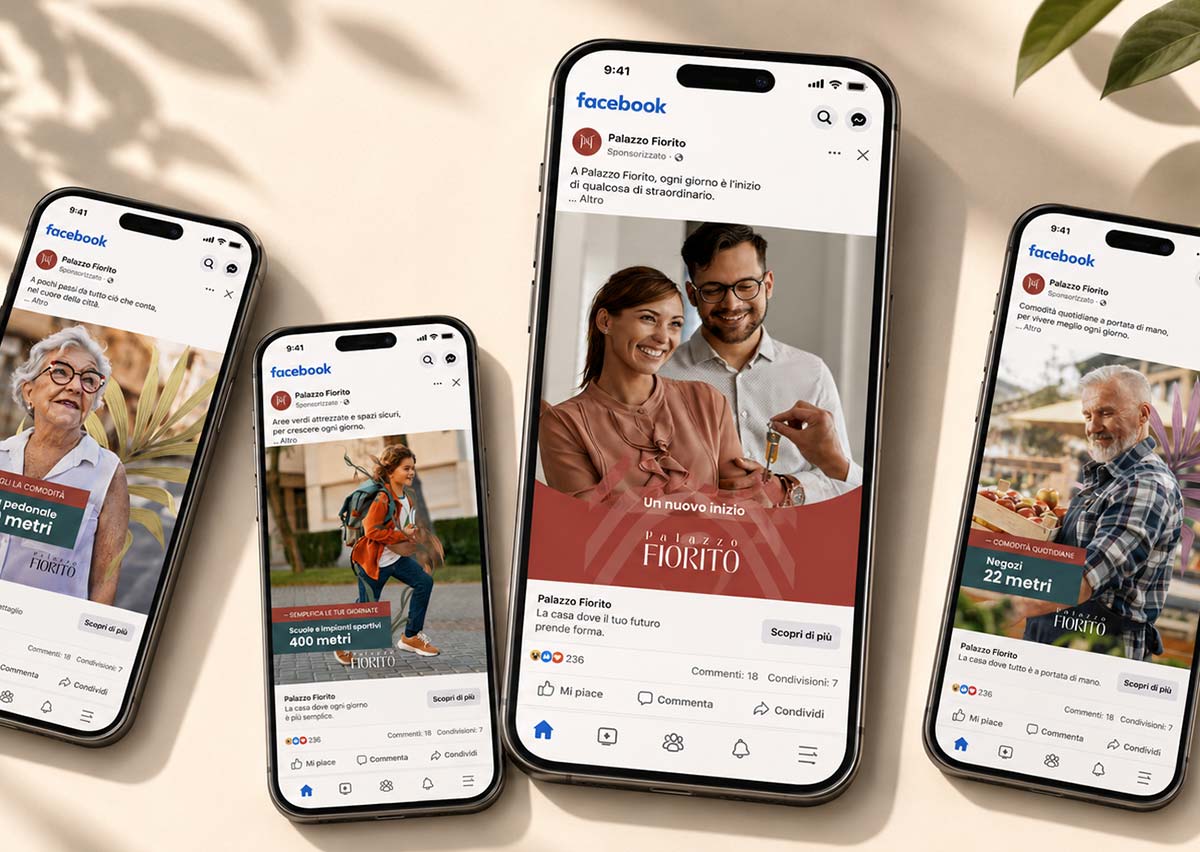 Campagne digitali immobiliari Palazzo Fiorito Cecina: social organico, ADS con form contatto e lead generation per il progetto residenziale.