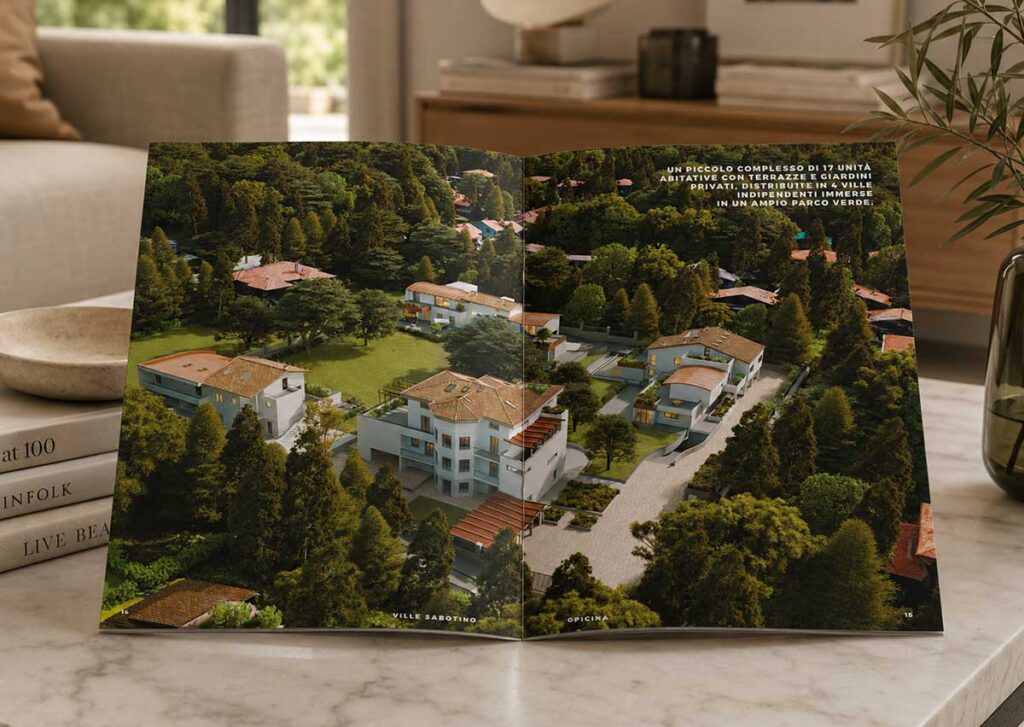 Brochure immobiliare Ville Sabotino Trieste: logo, palette verde, rendering 3D, planimetrie e materiali di vendita per appartamenti di pregio.