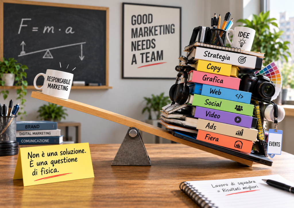 Ufficio marketing esterno per aziende rappresentato attraverso il concetto di equilibrio tra diverse competenze