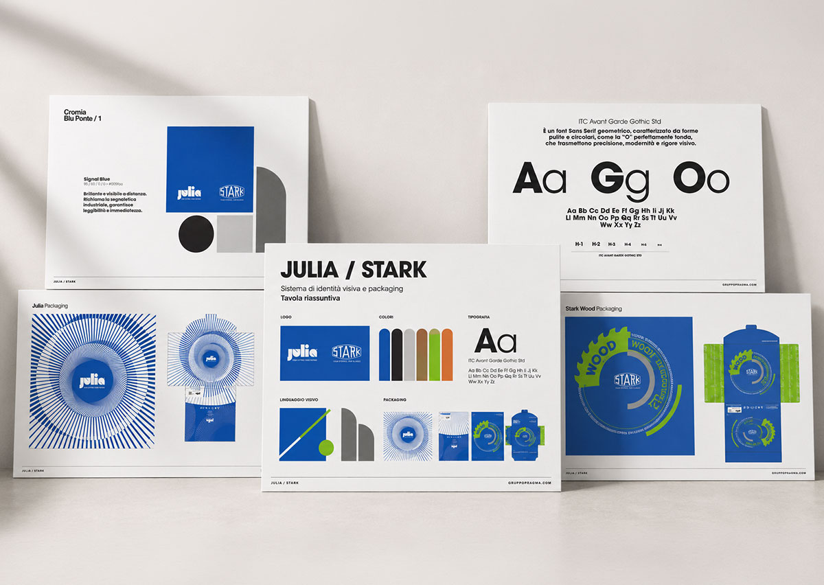 Branding industriale coordinato Stark e Julia con studio packaging, colori e gerarchie per lame da legno e metallo