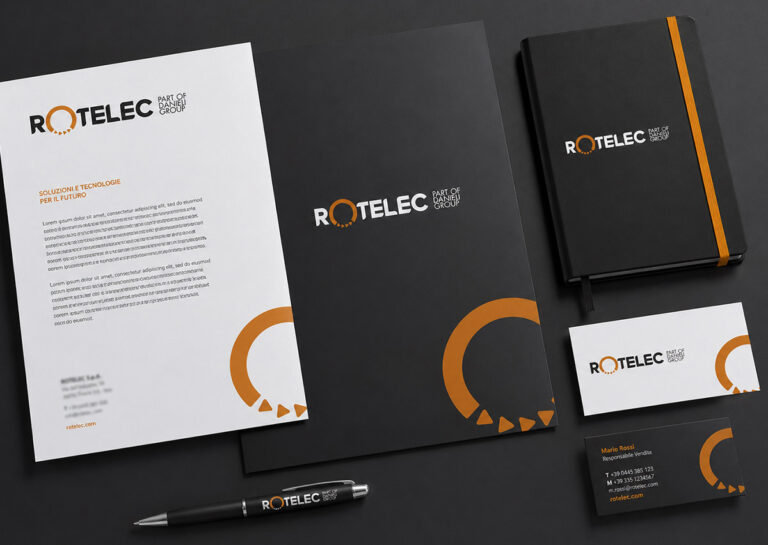Branding industriale Rotelec con restyling del logo, simbolo circolare e varianti coordinate