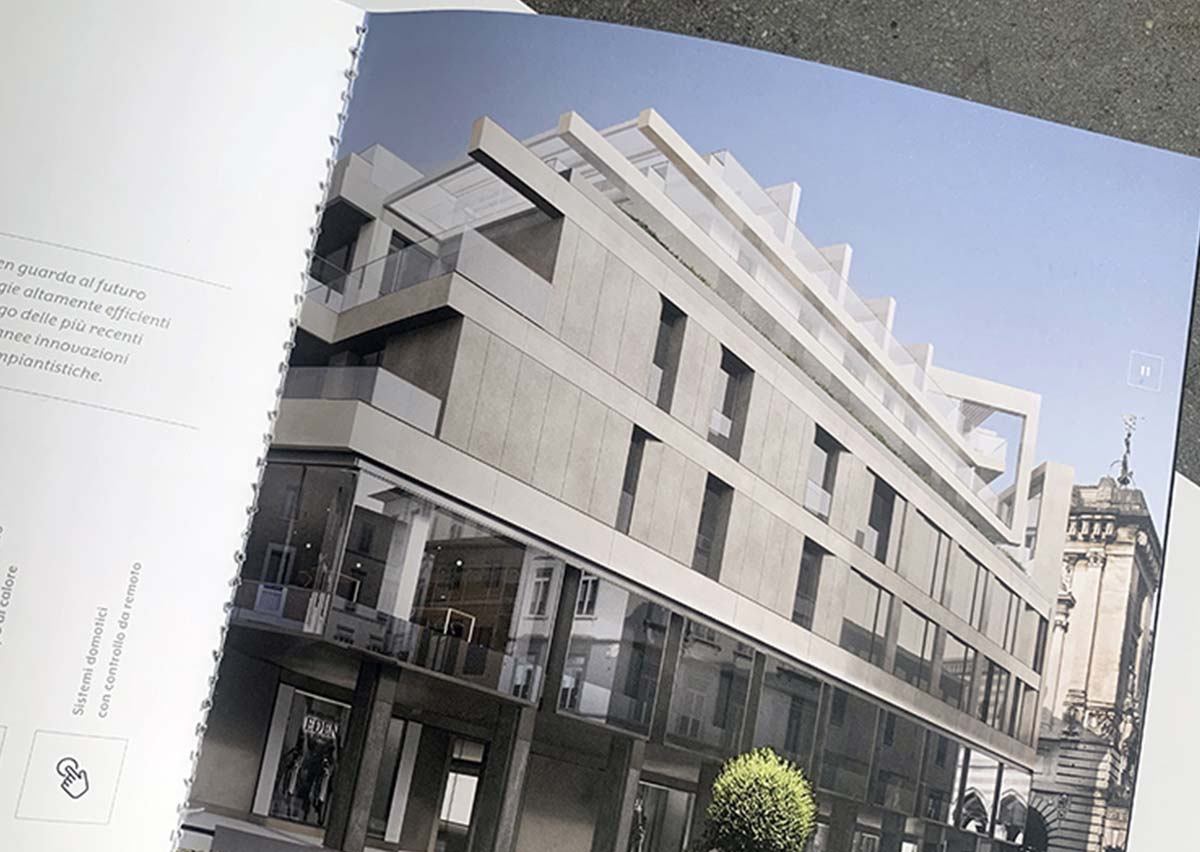 Brochure immobiliare Palazzo Eden con formato quadrato e rendering del progetto residenziale nel centro di Udine