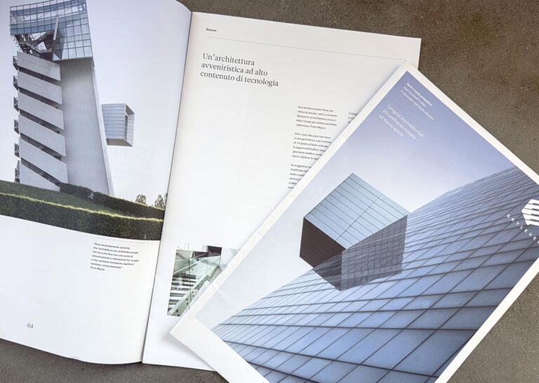 Brochure immobiliare per uffici Skylevel con immagini architettoniche, planimetrie e spazi modulabili