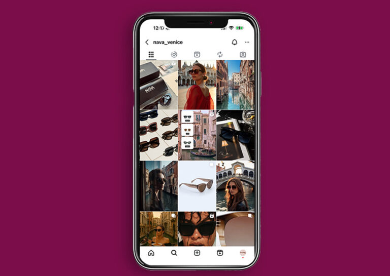 Gestione social media Nava Sunglasses con contenuti coordinati dedicati agli occhiali e a Venezia