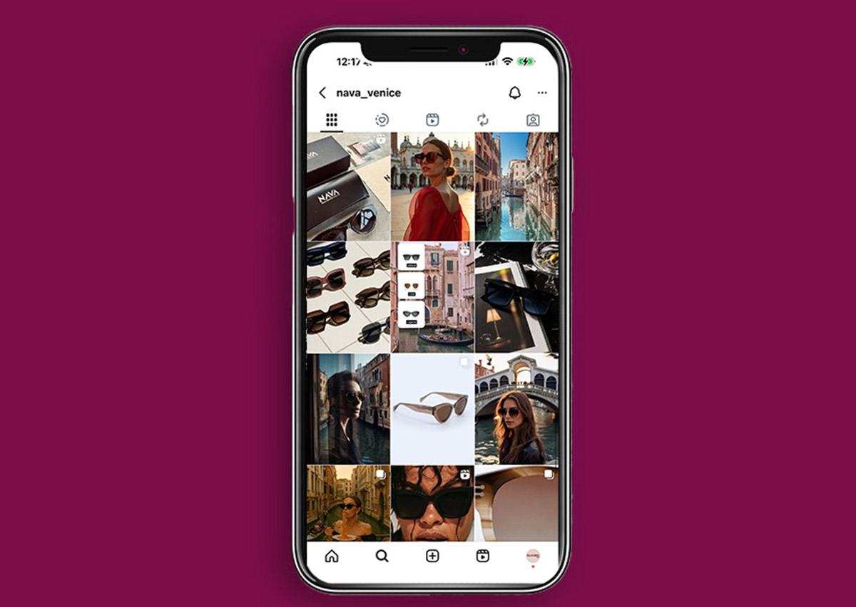 Gestione social media Nava Sunglasses con contenuti coordinati dedicati agli occhiali e a Venezia
