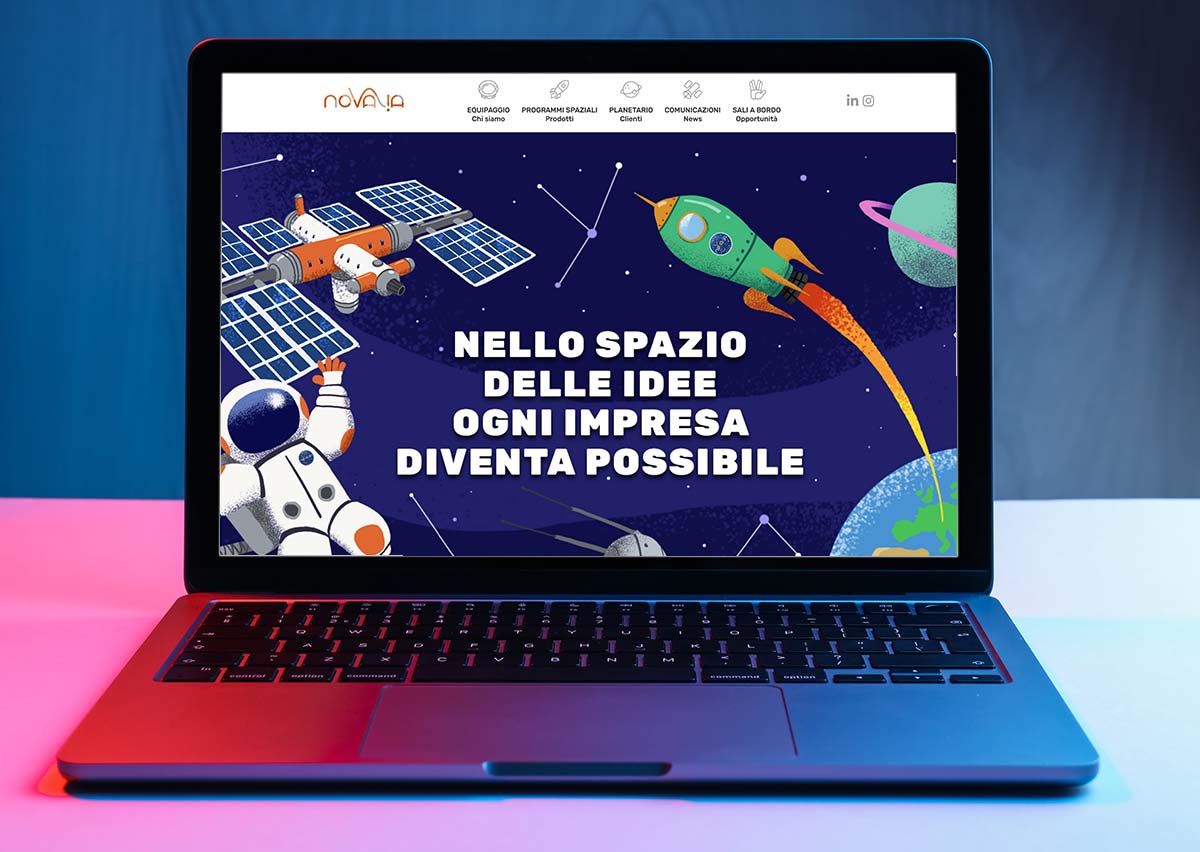 Sito web per società di consulenza Novalia con programmi spaziali, missioni e configuratore dei servizi B2B