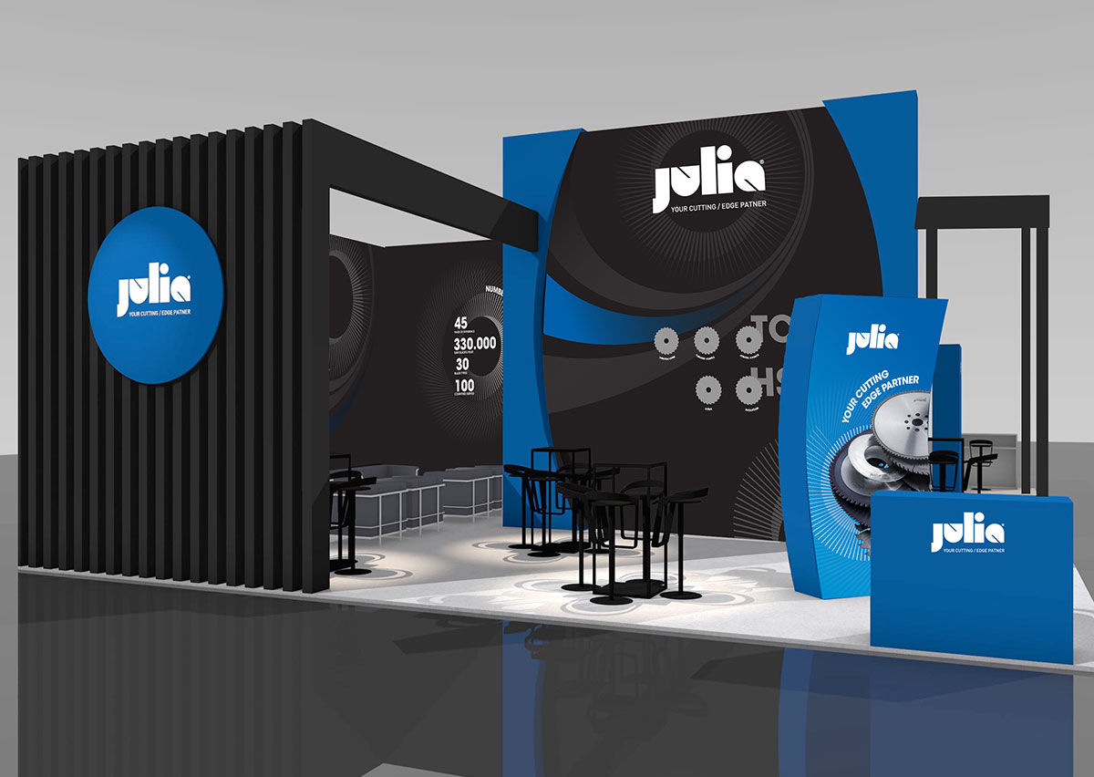 Stand fieristico industriale Julia Utensili a Tube Düsseldorf con parete di lame e aree meeting