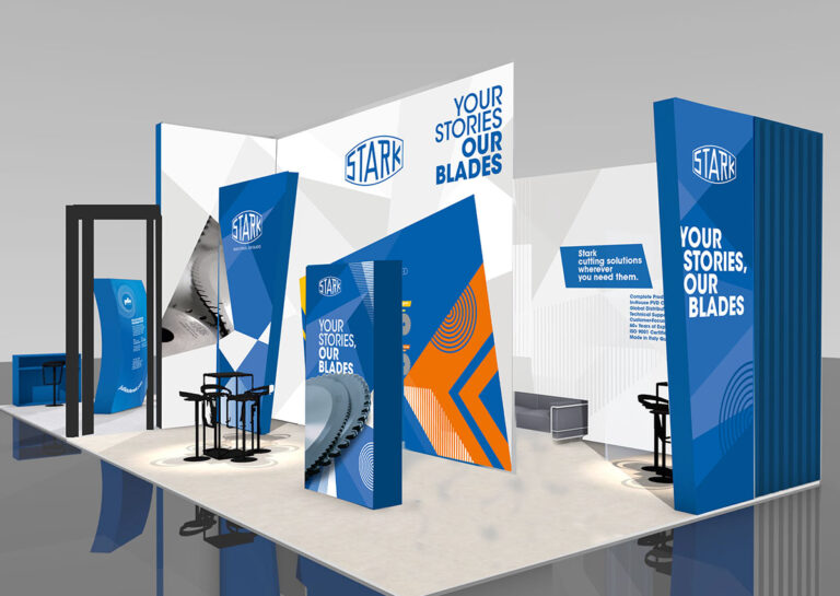 Stand fieristico per utensili da taglio Stark con esposizione di lame circolari e area incontri B2B